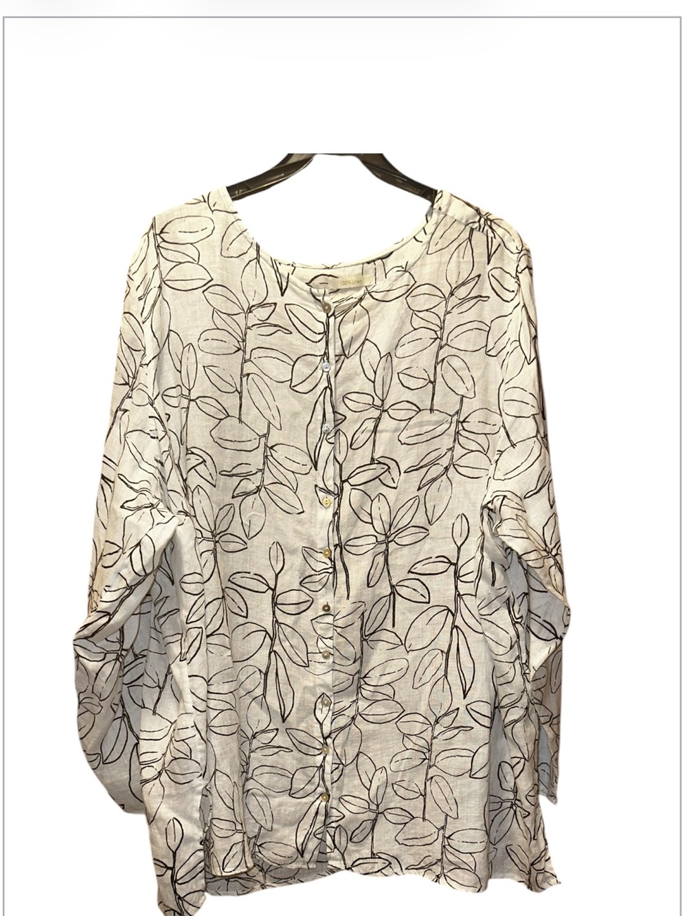 Cynthia Rowley 100% Linen Light Gray Button-Back Leaf Print Top